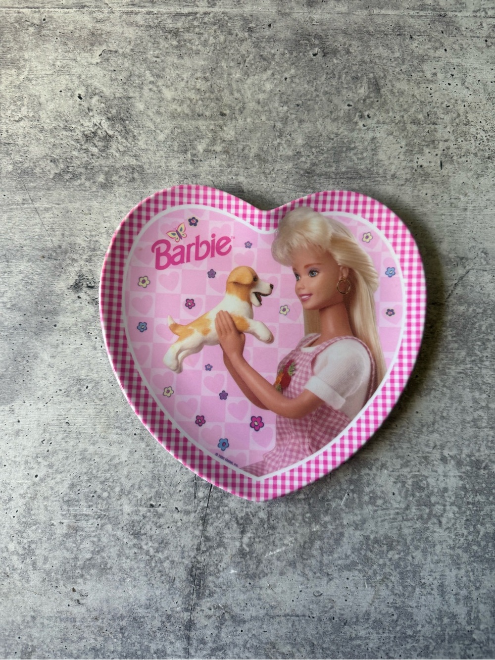 Vintage 1996 Barbie Heart Shaped Plate Gingham Melamine Pink 90s